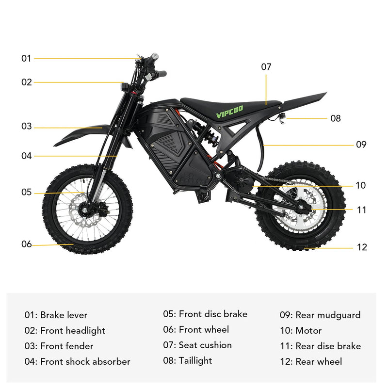 VIPCOO H3 | Electric Dirt Bike | 3500W Peak • 48V 23Ah • 37 MPH • 14”/12” Off-Road Tyres | Sold by Rydiqo®