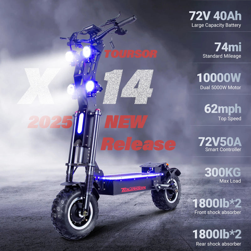 Toursor X14 Pro | Electric Scooter (E-Scooter) | Dual 5000W • 72V 40Ah Samsung Battery • 62 MPH • 13” Off-Road Tyres | Sold by Rydiqo®